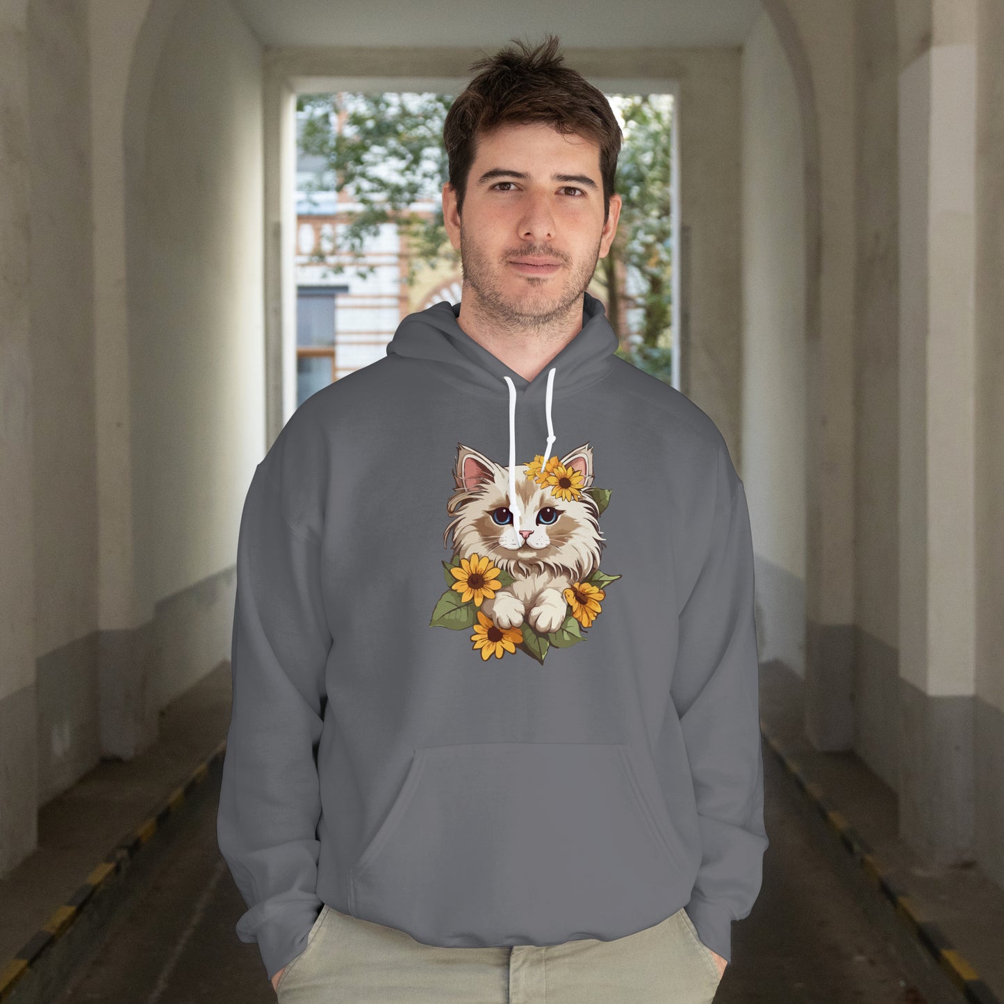 Cute Cat Floral Hoodie, Cozy Cat Lover Gift, Spring Apparel, Sunflower Design, Animal Lover Clothing