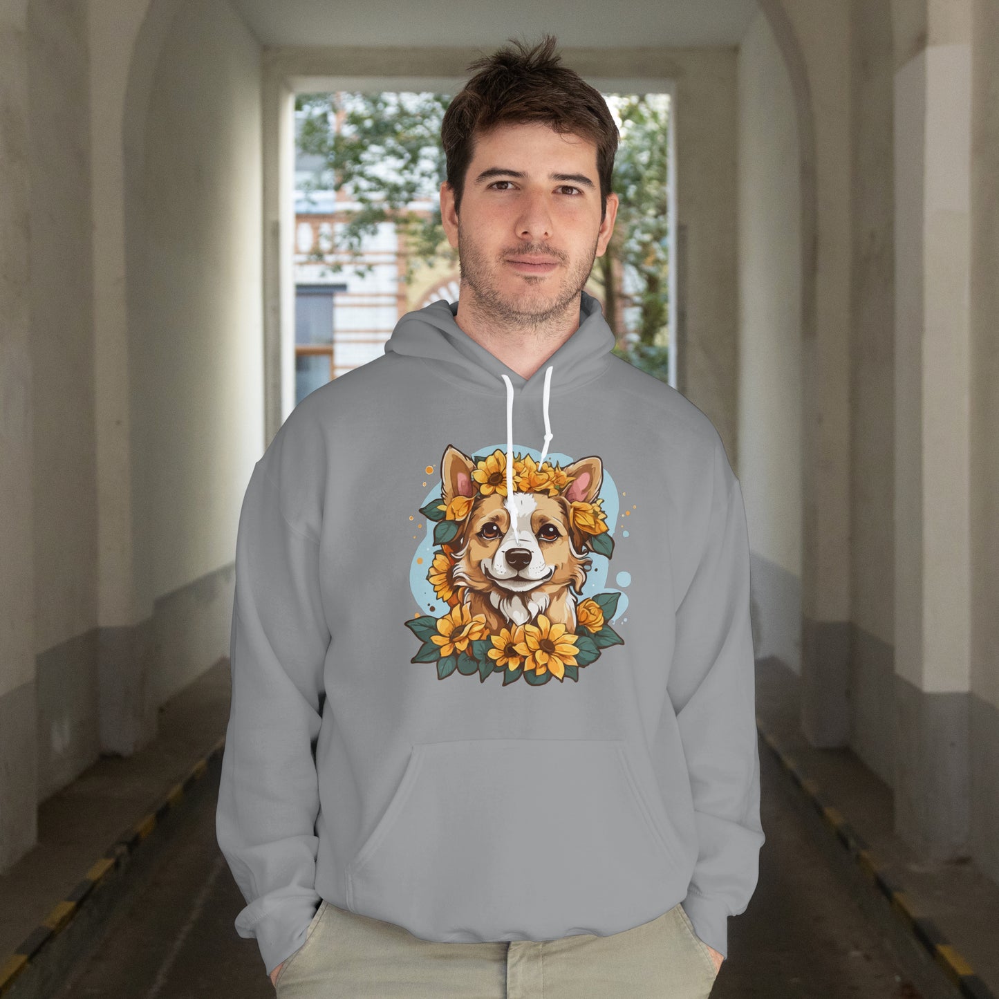 Cute Happy Dog with Sunflowers Hoodie – Floral Dog Lover Hooded Sweatshirt