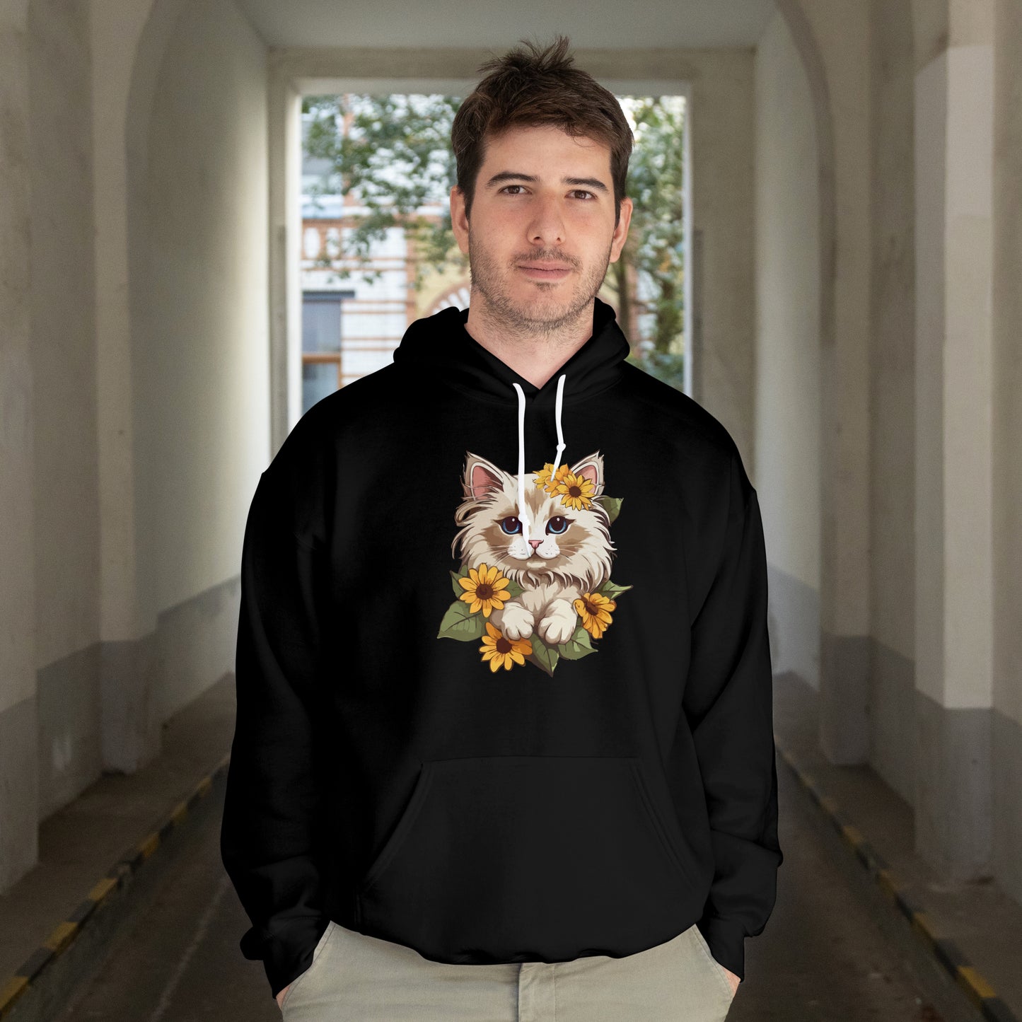 Cute Cat Floral Hoodie, Cozy Cat Lover Gift, Spring Apparel, Sunflower Design, Animal Lover Clothing
