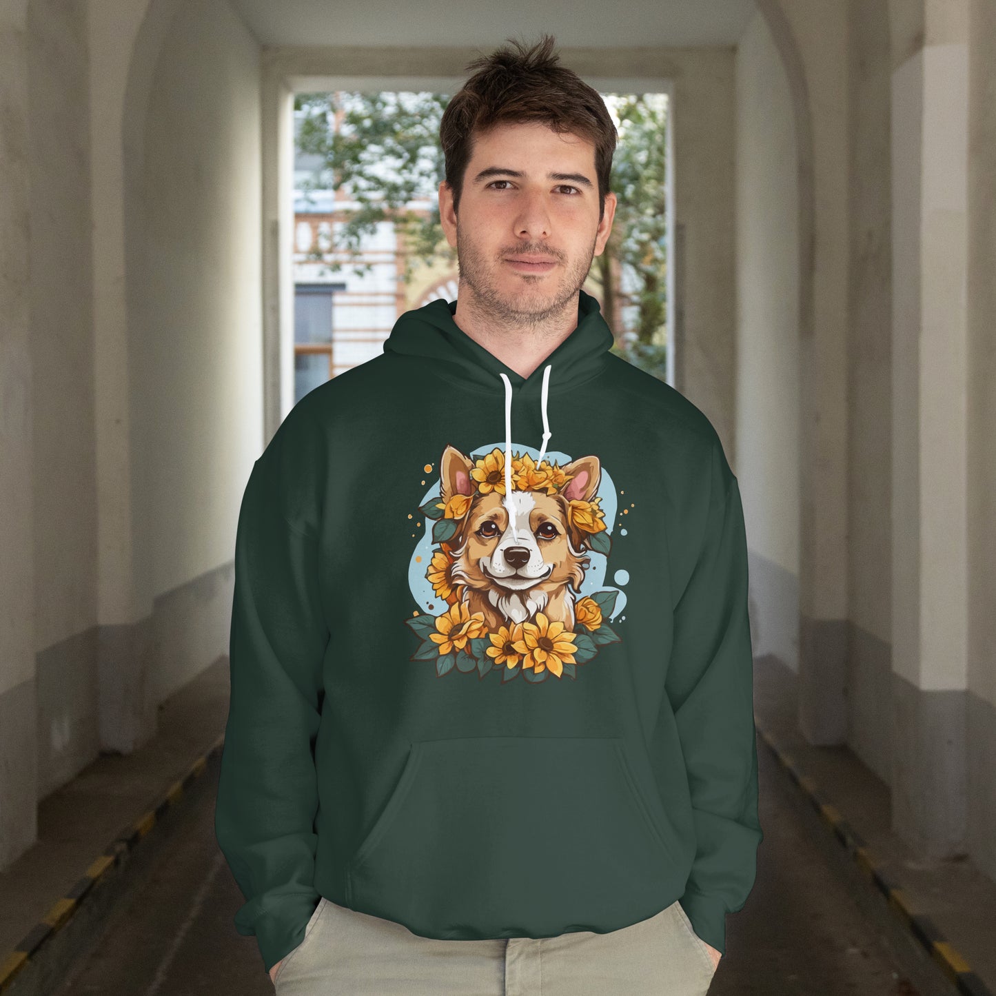 Cute Happy Dog with Sunflowers Hoodie – Floral Dog Lover Hooded Sweatshirt