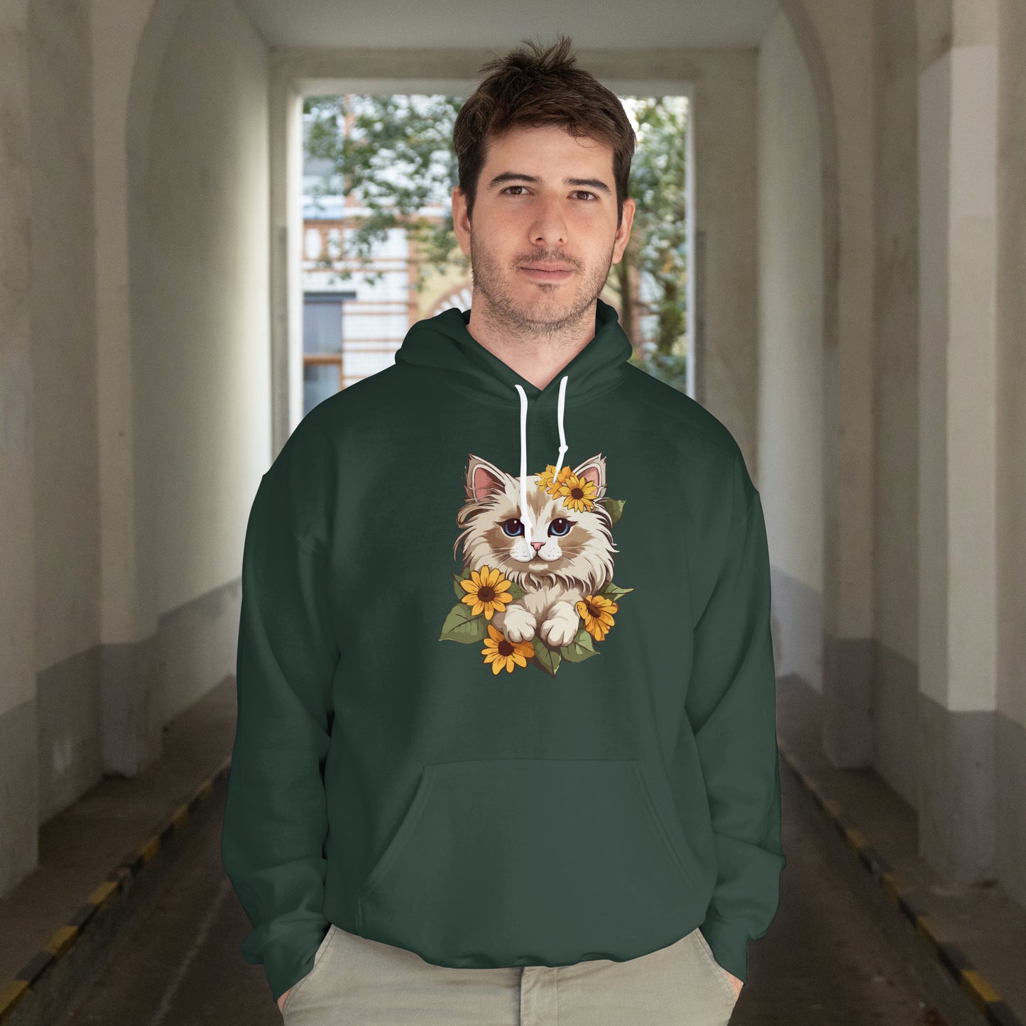 Cute Cat Floral Hoodie, Cozy Cat Lover Gift, Spring Apparel, Sunflower Design, Animal Lover Clothing