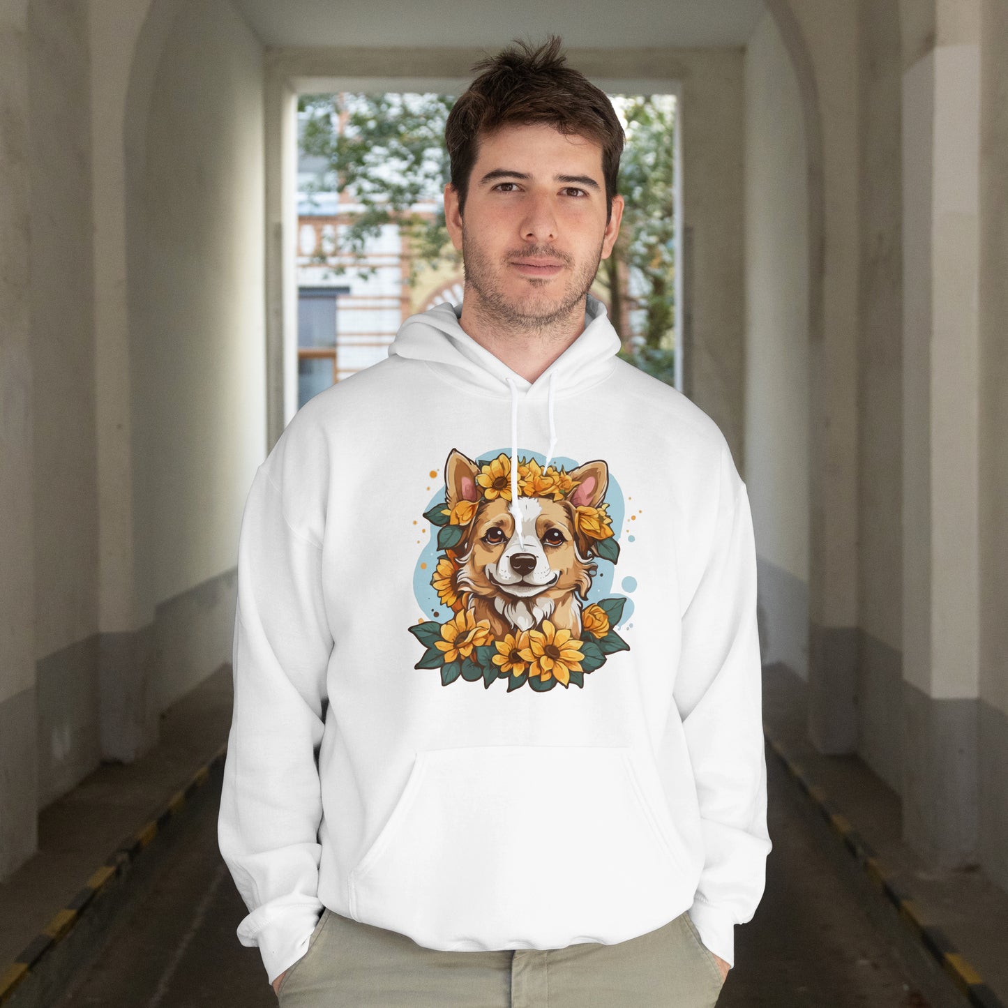 Cute Happy Dog with Sunflowers Hoodie – Floral Dog Lover Hooded Sweatshirt