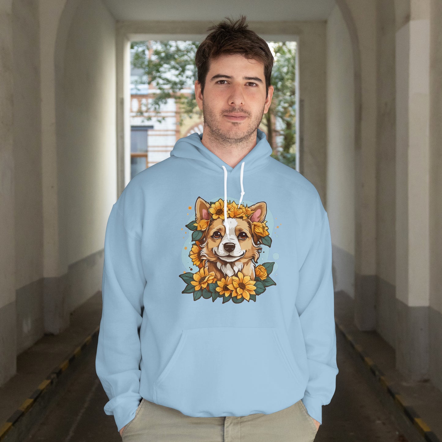 Cute Happy Dog with Sunflowers Hoodie – Floral Dog Lover Hooded Sweatshirt