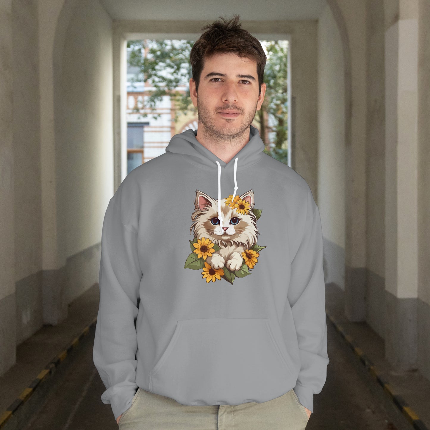 Cute Cat Floral Hoodie, Cozy Cat Lover Gift, Spring Apparel, Sunflower Design, Animal Lover Clothing