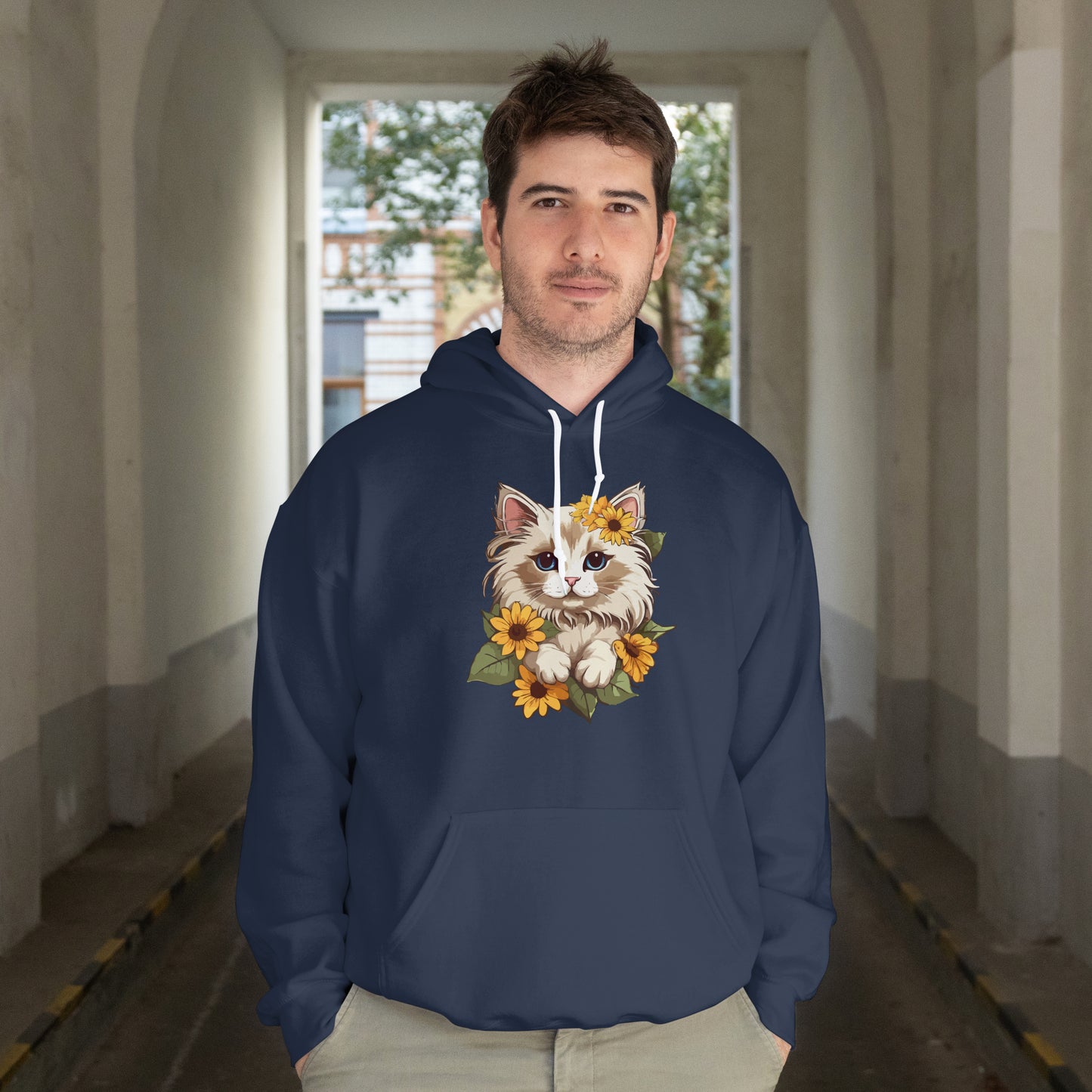Cute Cat Floral Hoodie, Cozy Cat Lover Gift, Spring Apparel, Sunflower Design, Animal Lover Clothing