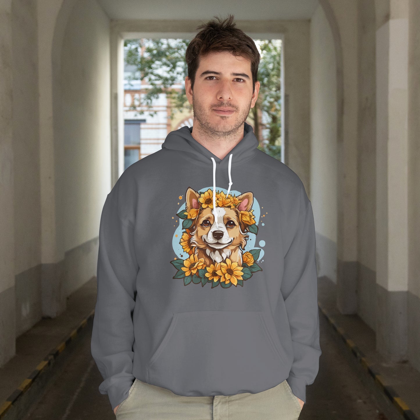 Cute Happy Dog with Sunflowers Hoodie – Floral Dog Lover Hooded Sweatshirt