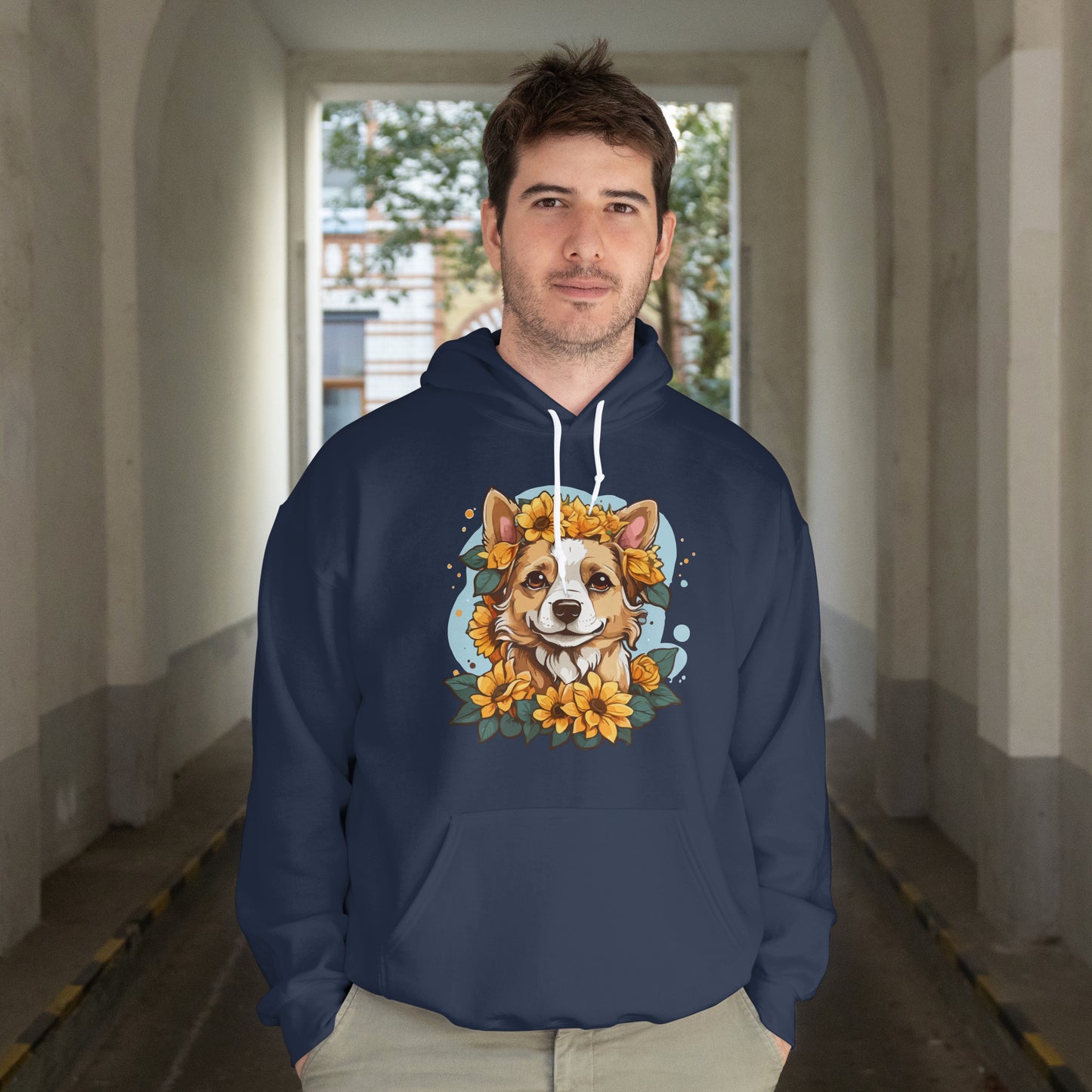 Cute Happy Dog with Sunflowers Hoodie – Floral Dog Lover Hooded Sweatshirt