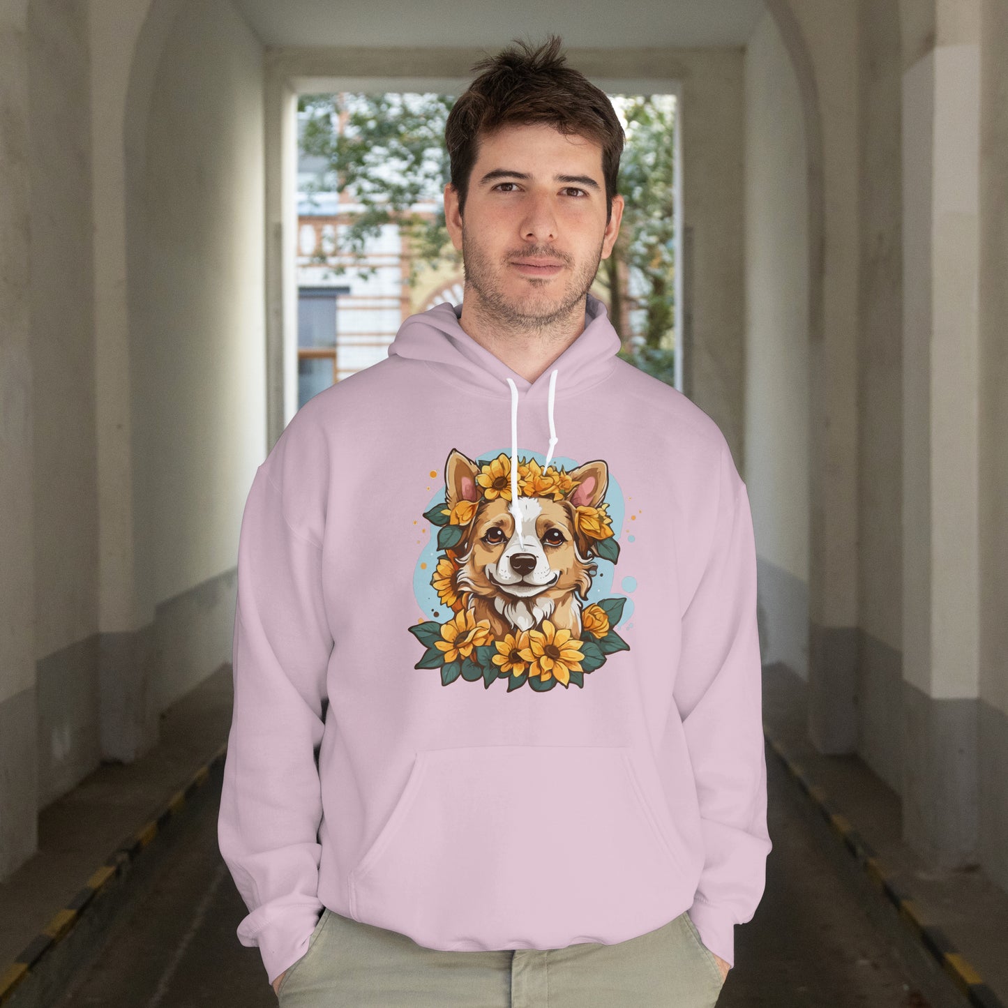 Cute Happy Dog with Sunflowers Hoodie – Floral Dog Lover Hooded Sweatshirt