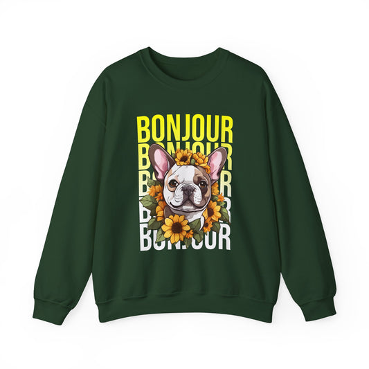 French Bulldog Sunflower Sweatshirt – Cute Bonjour Frenchie Pullover for Dog Lovers, Cozy Fall Gift for Her