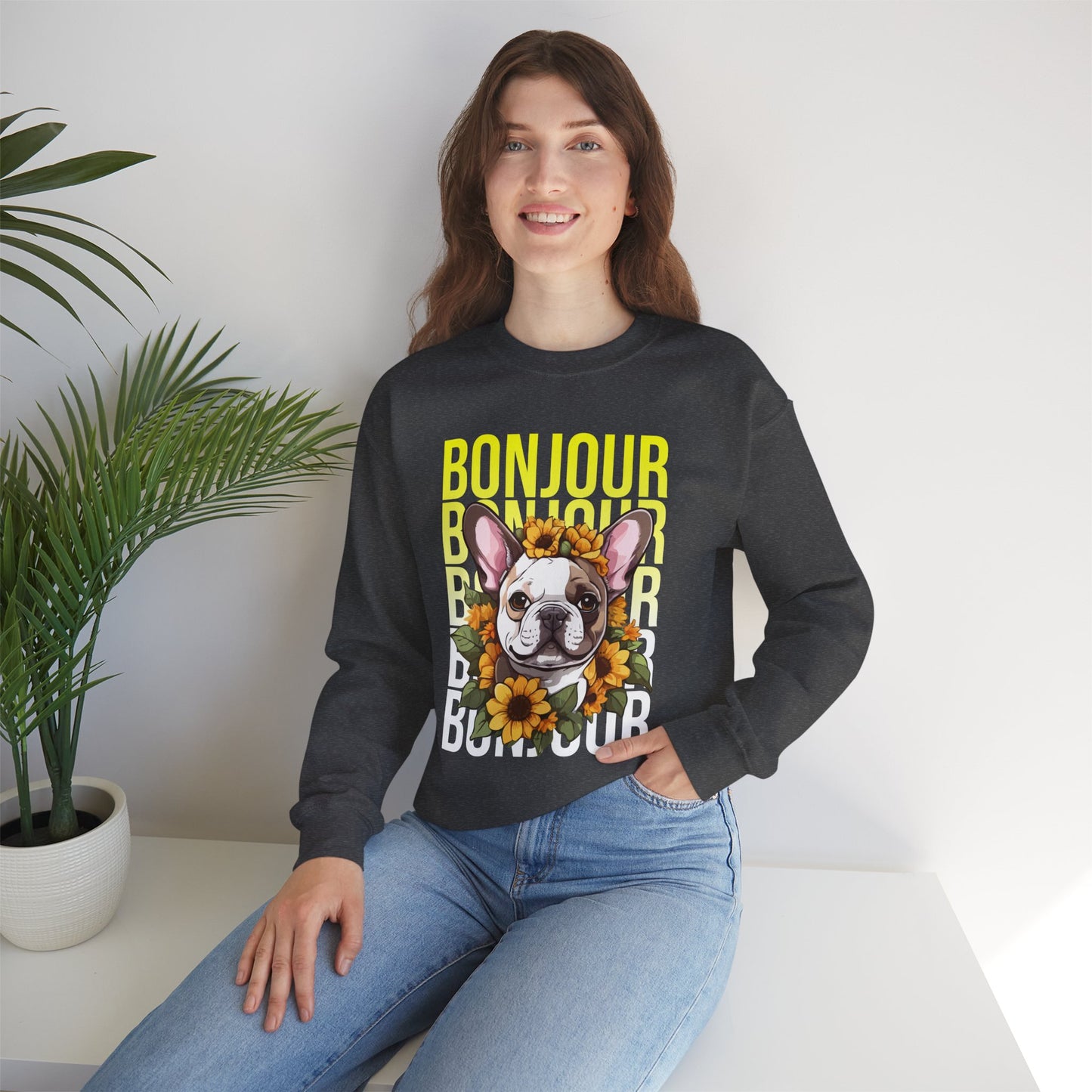 French Bulldog Sunflower Sweatshirt – Cute Bonjour Frenchie Pullover for Dog Lovers, Cozy Fall Gift for Her
