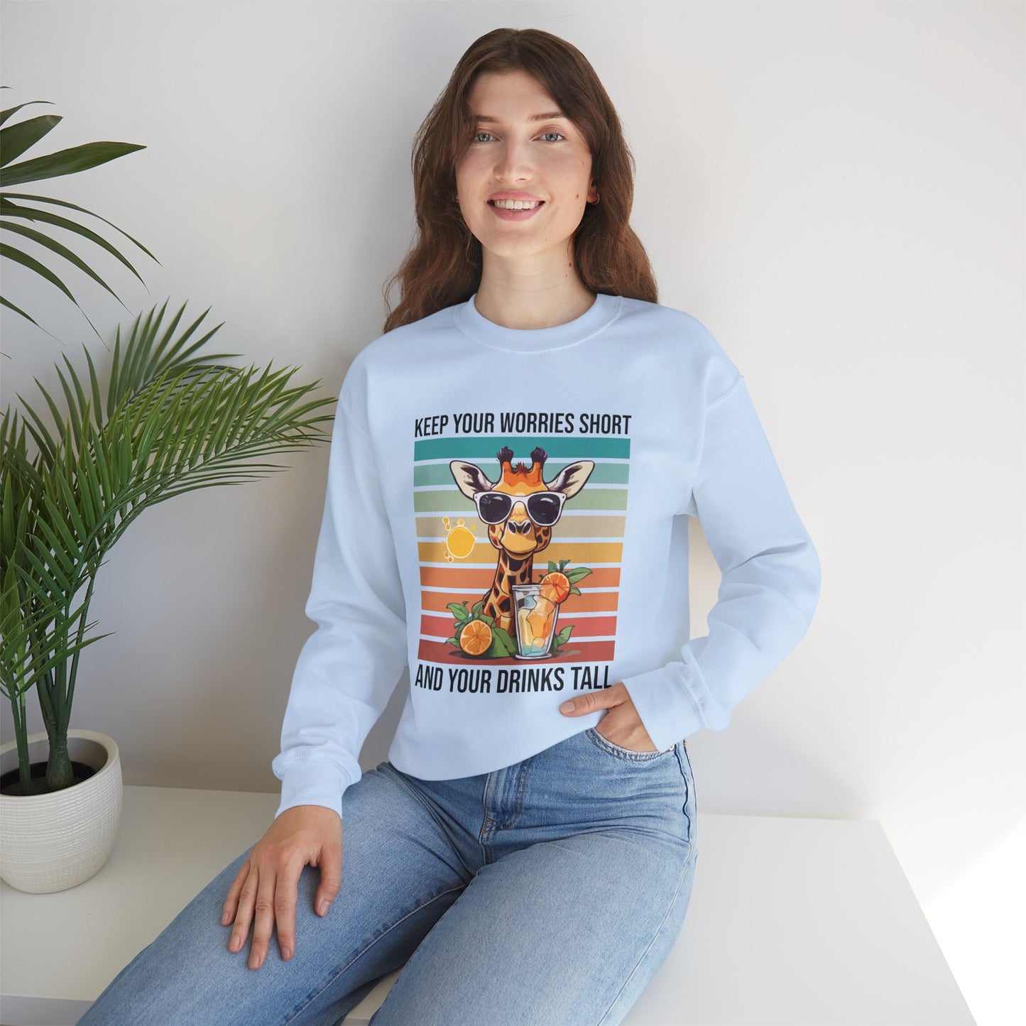 “Keep Your Worries Short & Your Drinks Tall” Giraffe Sweatshirt – Funny Summer Animal Graphic, Citrus Spritz Vibes for Bold Animal Lovers