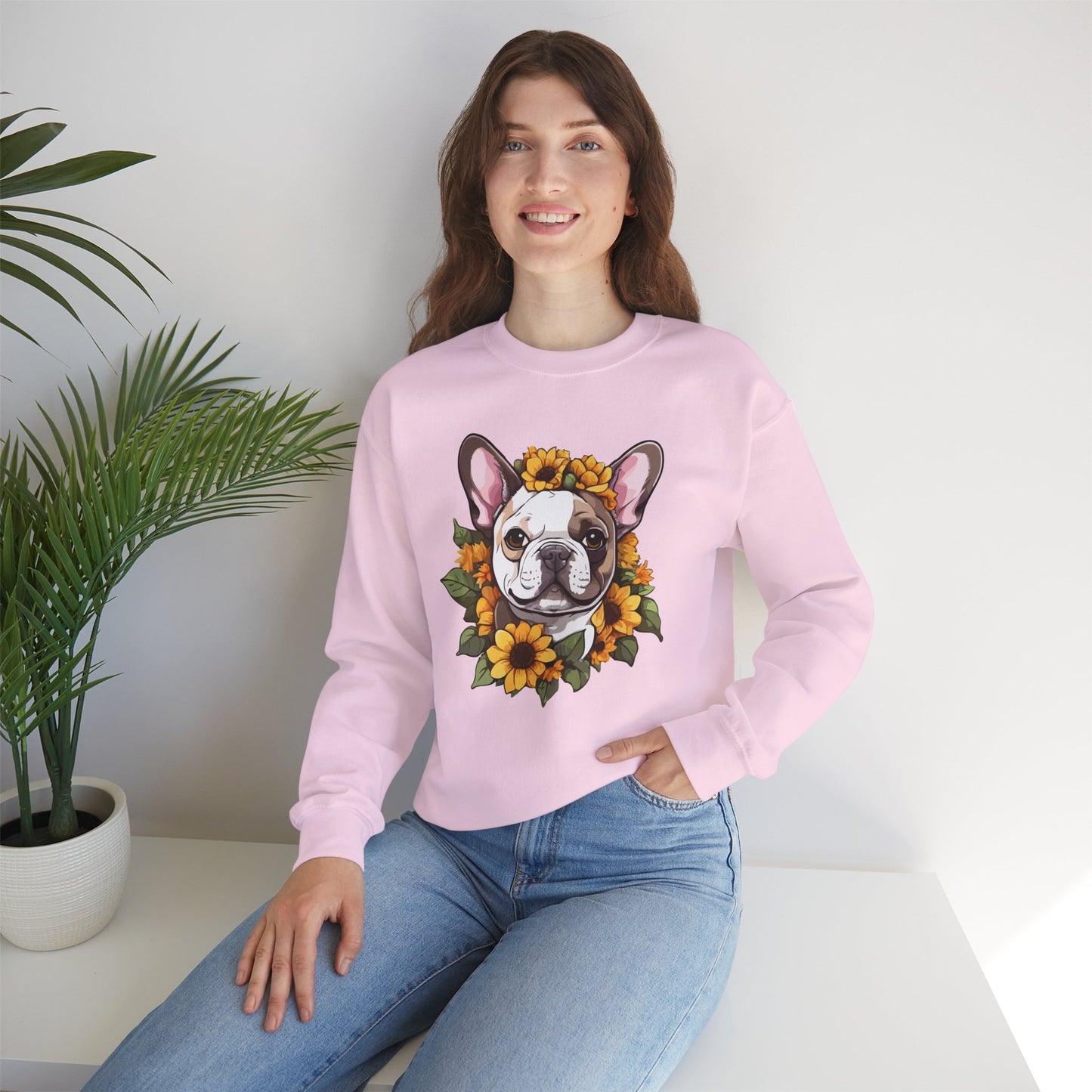 French Bulldog Sunflower Sweatshirt – Cute Bonjour Frenchie Crewneck for Dog Lovers, Cozy Floral Gift for Pet Moms & Dads