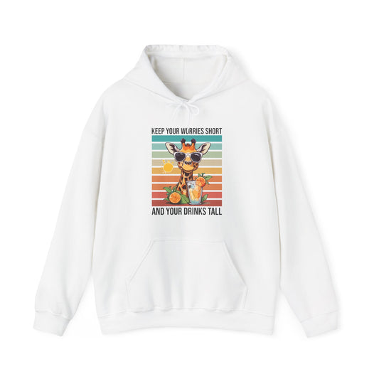 “Keep Your Worries Short & Your Drinks Tall” Giraffe Hoodie – Funny Summer Citrus Spritz Graphic, Cool Animal Lover Gift, Tropical Party Vibes