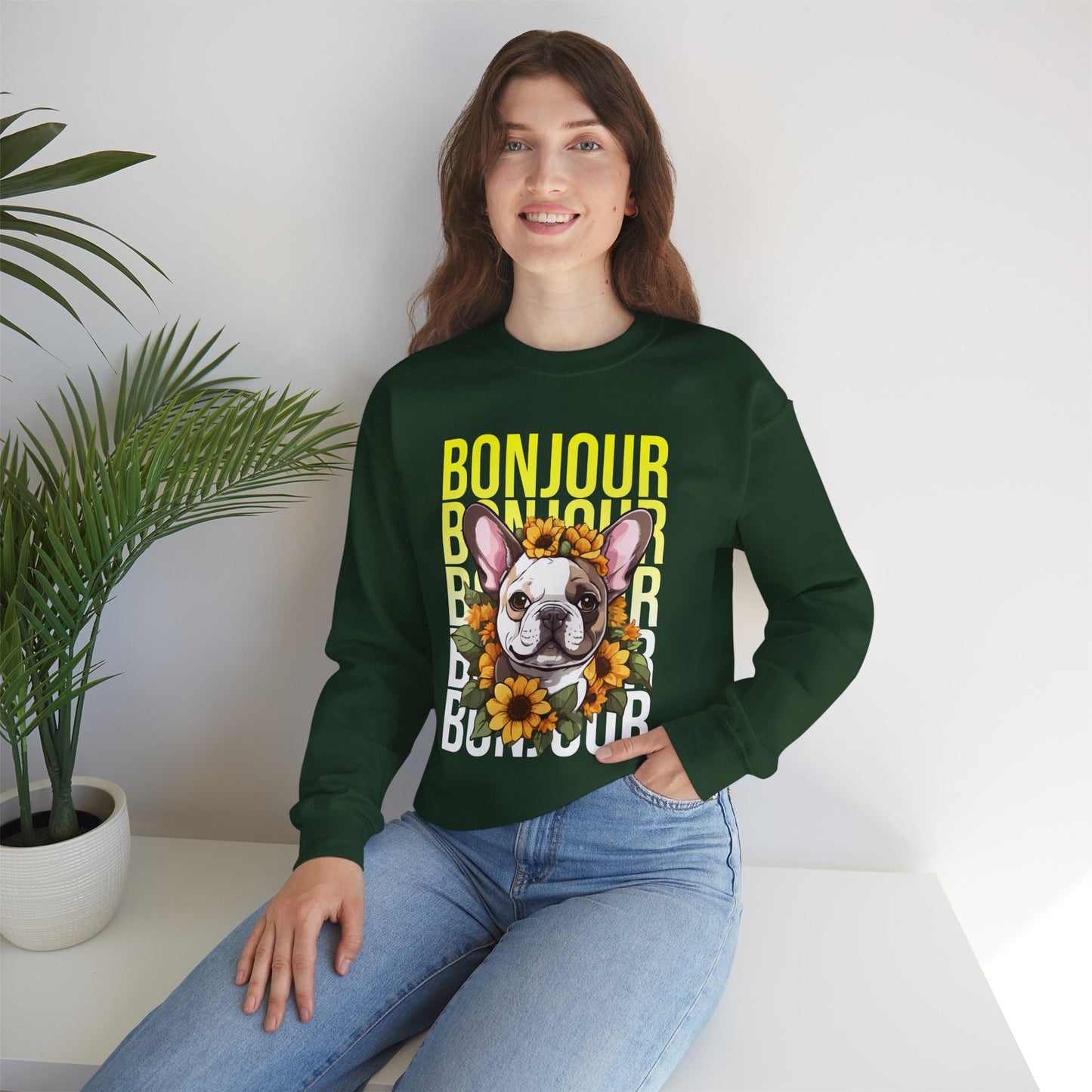 French Bulldog Sunflower Sweatshirt – Cute Bonjour Frenchie Pullover for Dog Lovers, Cozy Fall Gift for Her