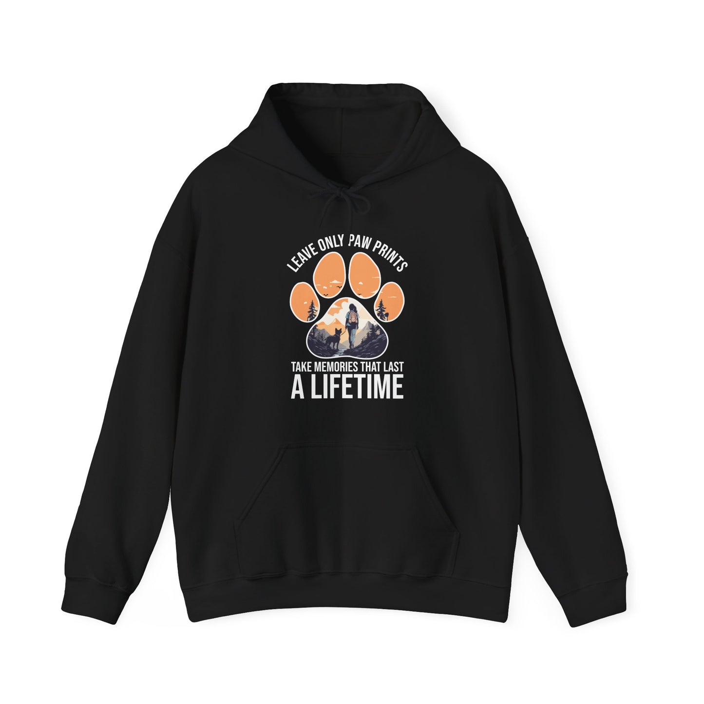 “Leave Only Paw Prints, Take Memories That Last a Lifetime” Hiking Dog Lover Hoodie – Cozy Unisex Nature Adventure Pullover for Outdoor Pet Parents