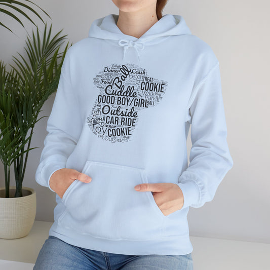 Dog’s Favorite Words Hoodie – Funny Word Cloud Pullover for Dog Lovers, Cute Pet Owner Gift, Cozy Unisex Dog Hoodie