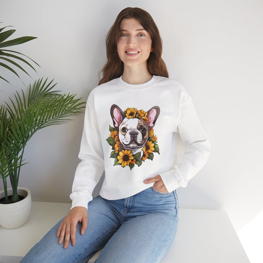 French Bulldog Sunflower Sweatshirt – Cute Bonjour Frenchie Crewneck for Dog Lovers, Cozy Floral Gift for Pet Moms & Dads