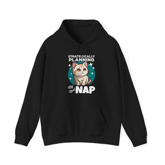 “Strategically Planning My Next Nap” Funny Cat Hoodie – Lazy Cat Lover Gift, Cozy Unisex Pullover for Pet Parents, Nap Queens & Introverts