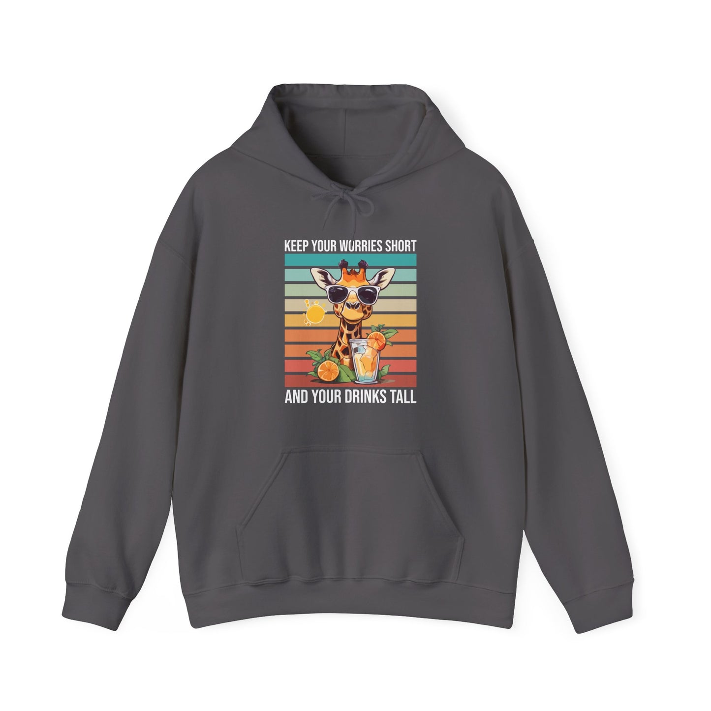 “Keep Your Worries Short & Your Drinks Tall” Giraffe Hoodie – Funny Summer Citrus Spritz Graphic, Cool Animal Lover Gift, Tropical Party Vibes
