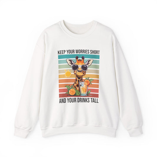“Keep Your Worries Short & Your Drinks Tall” Giraffe Sweatshirt – Funny Summer Animal Graphic, Citrus Spritz Vibes for Bold Animal Lovers