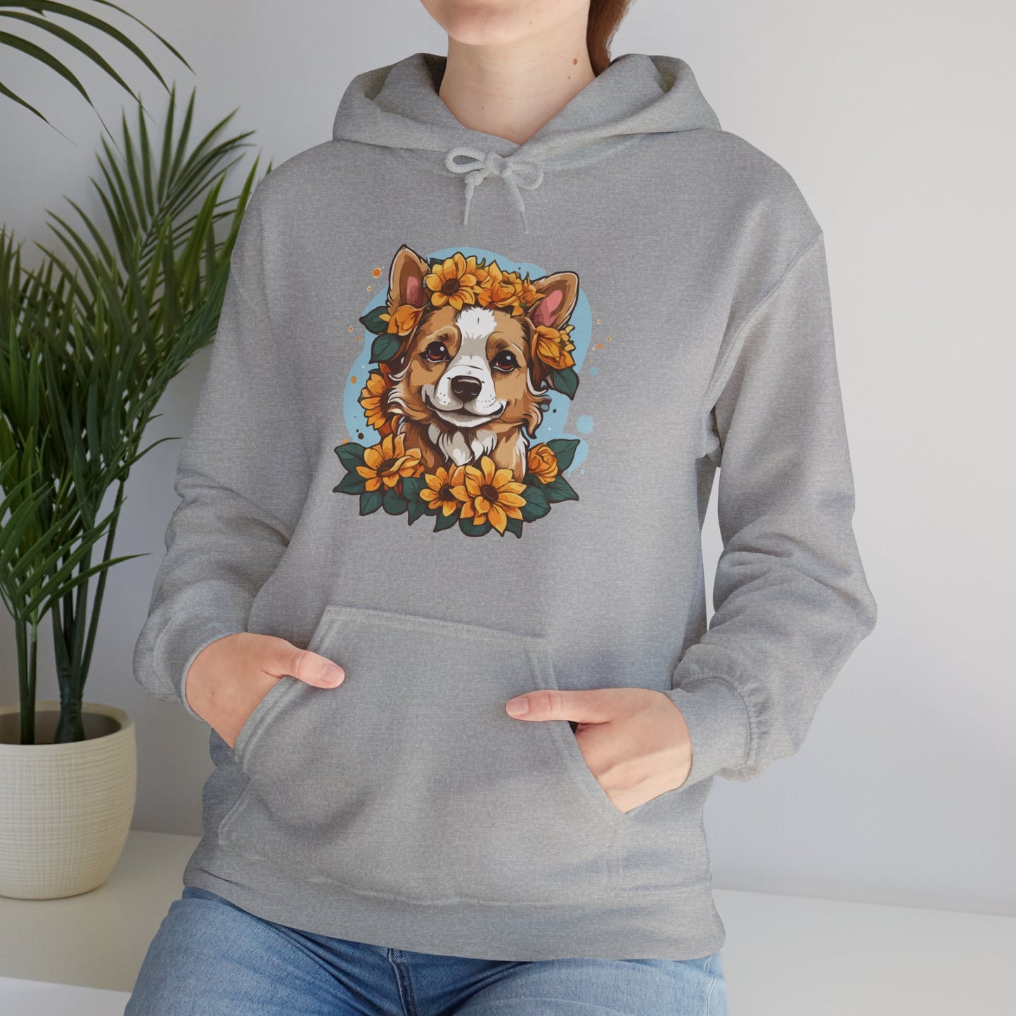 Cute Happy Dog with Sunflowers Hoodie – Floral Dog Lover Hooded Sweatshirt