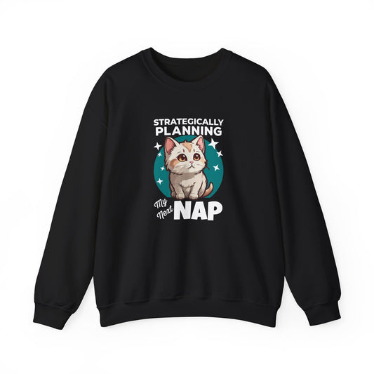 “Strategically Planning My Next Nap” Funny Cat Sweatshirt – Lazy Cat Lover Gift, Cozy Unisex Pullover for Pet Parents, Introverts & Nap Queens