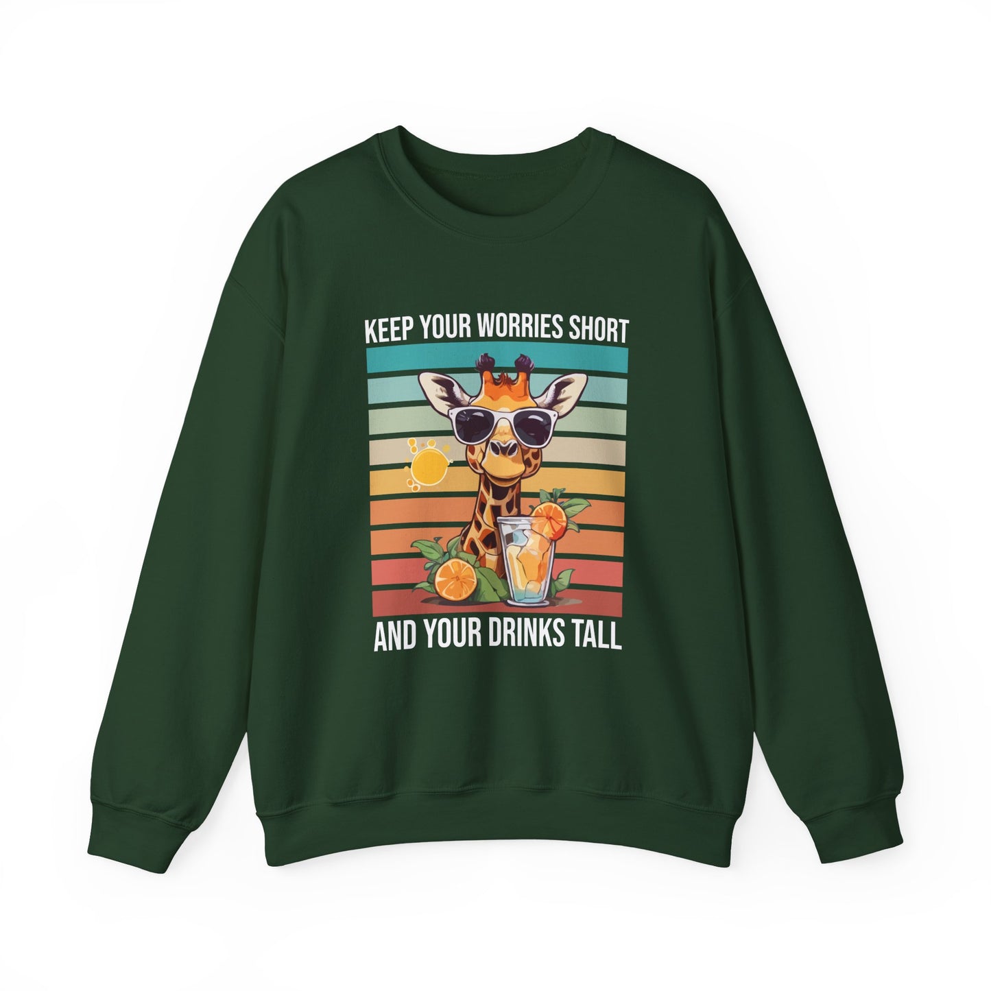 “Keep Your Worries Short & Your Drinks Tall” Giraffe Sweatshirt – Funny Summer Animal Graphic, Citrus Spritz Vibes for Bold Animal Lovers