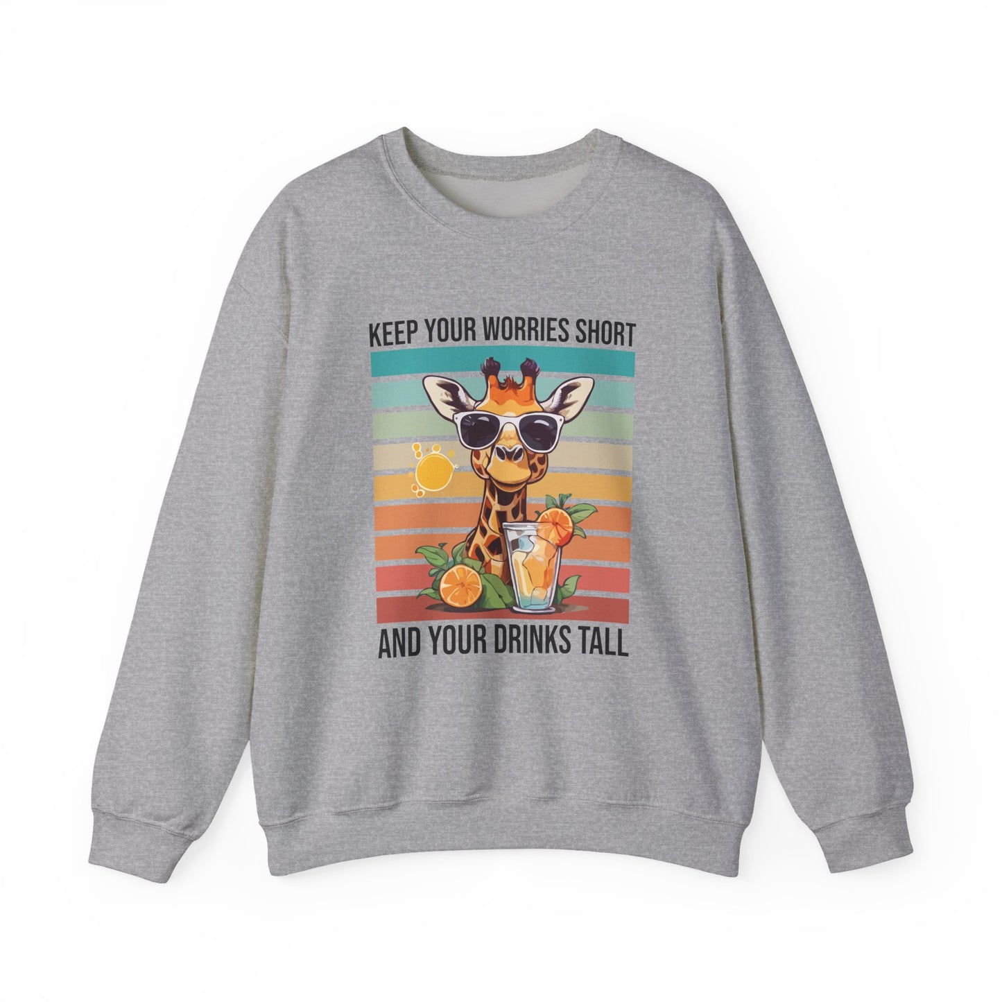 “Keep Your Worries Short & Your Drinks Tall” Giraffe Sweatshirt – Funny Summer Animal Graphic, Citrus Spritz Vibes for Bold Animal Lovers