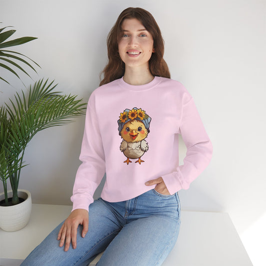 Cute Chick with Sunflower Hat on Head Graphic Sweatshirt – Wholesome Farm Animal Aesthetic for Nature Lovers & Cottagecore Fans