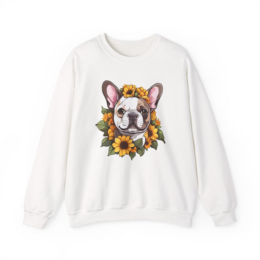 French Bulldog Sunflower Sweatshirt – Cute Bonjour Frenchie Crewneck for Dog Lovers, Cozy Floral Gift for Pet Moms & Dads