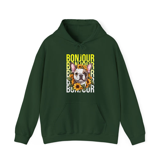 French Bulldog Sunflower Hoodie – Cute Bonjour Frenchie Pullover for Dog Lovers, Cozy Floral Gift for Her