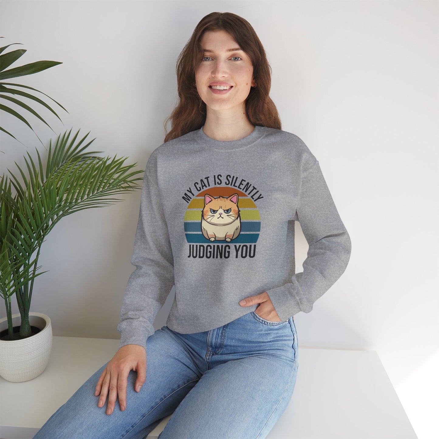 “My Cat Is Silently Judging You” Funny Cat Lover Sweatshirt – Snarky Unisex Pullover Gift for Pet Parents, Introverts & Feline Fans