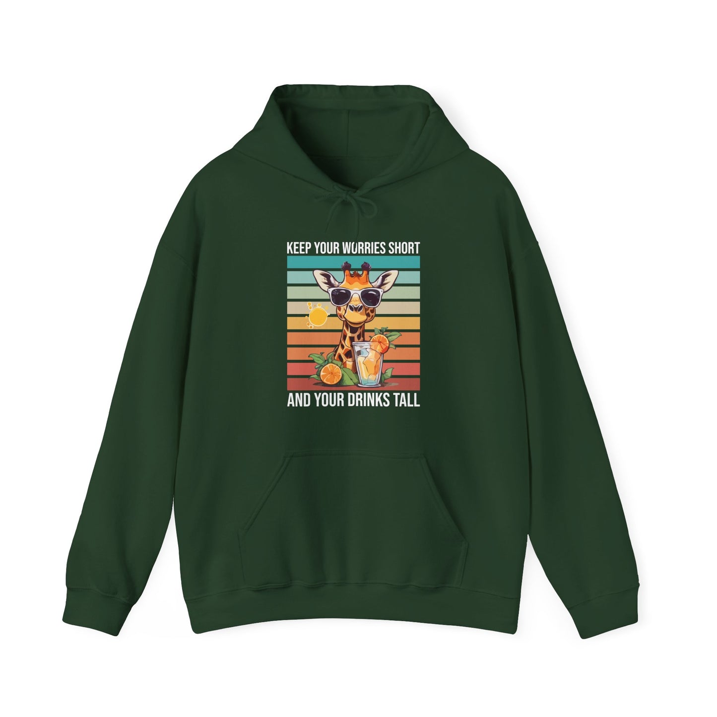 “Keep Your Worries Short & Your Drinks Tall” Giraffe Hoodie – Funny Summer Citrus Spritz Graphic, Cool Animal Lover Gift, Tropical Party Vibes