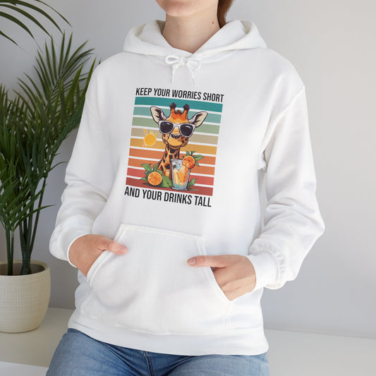 “Keep Your Worries Short & Your Drinks Tall” Giraffe Hoodie – Funny Summer Citrus Spritz Graphic, Cool Animal Lover Gift, Tropical Party Vibes