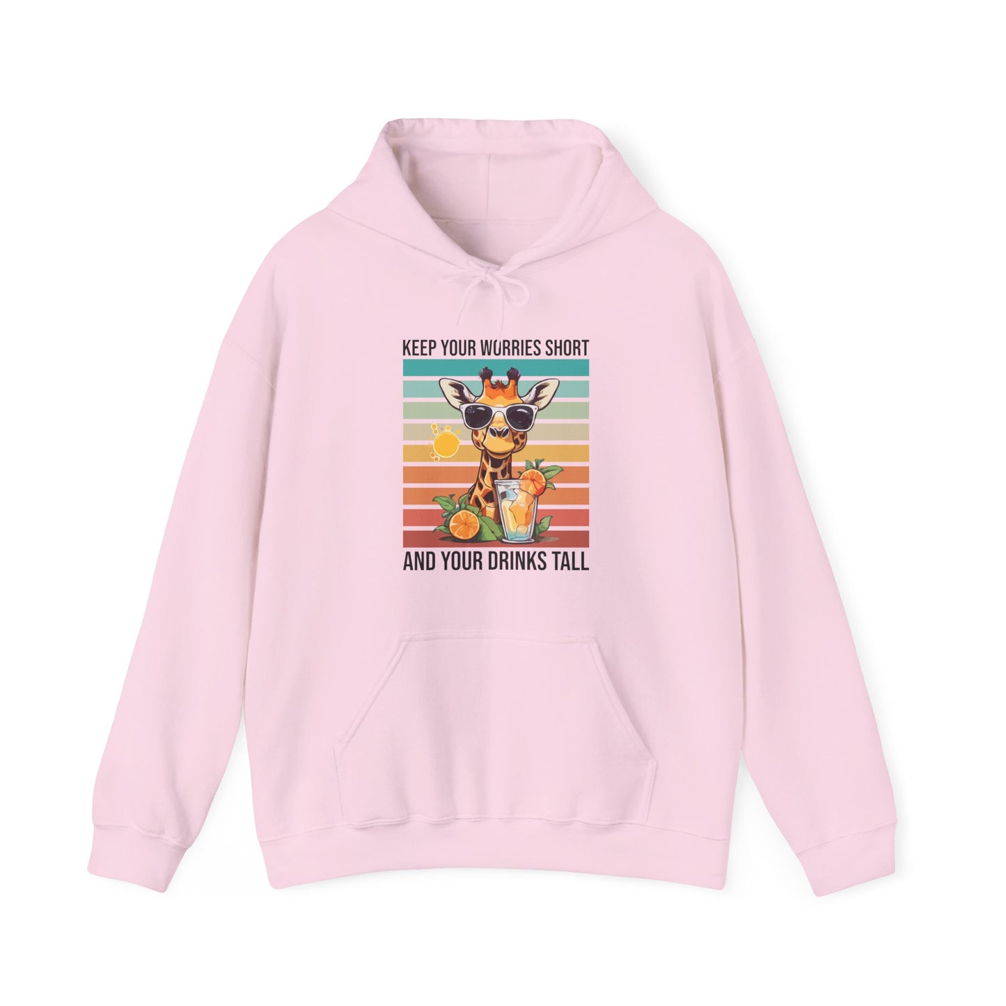 “Keep Your Worries Short & Your Drinks Tall” Giraffe Hoodie – Funny Summer Citrus Spritz Graphic, Cool Animal Lover Gift, Tropical Party Vibes