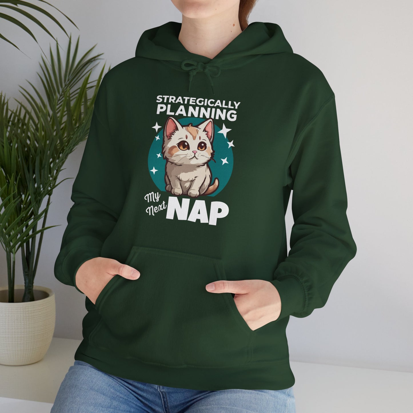 “Strategically Planning My Next Nap” Funny Cat Hoodie – Lazy Cat Lover Gift, Cozy Unisex Pullover for Pet Parents, Nap Queens & Introverts