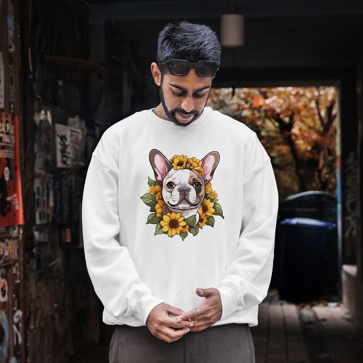 French Bulldog Sunflower Sweatshirt – Cute Bonjour Frenchie Crewneck for Dog Lovers, Cozy Floral Gift for Pet Moms & Dads