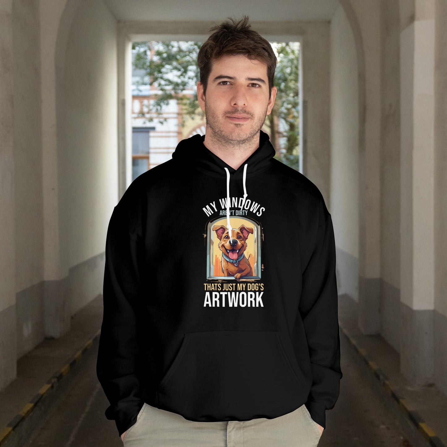 “My Windows Aren’t Dirty, That’s Just My Dog’s Artwork” Funny Dog Window Licker Hoodie – Cute Unisex Gift for Pet Parents & Dog Lovers
