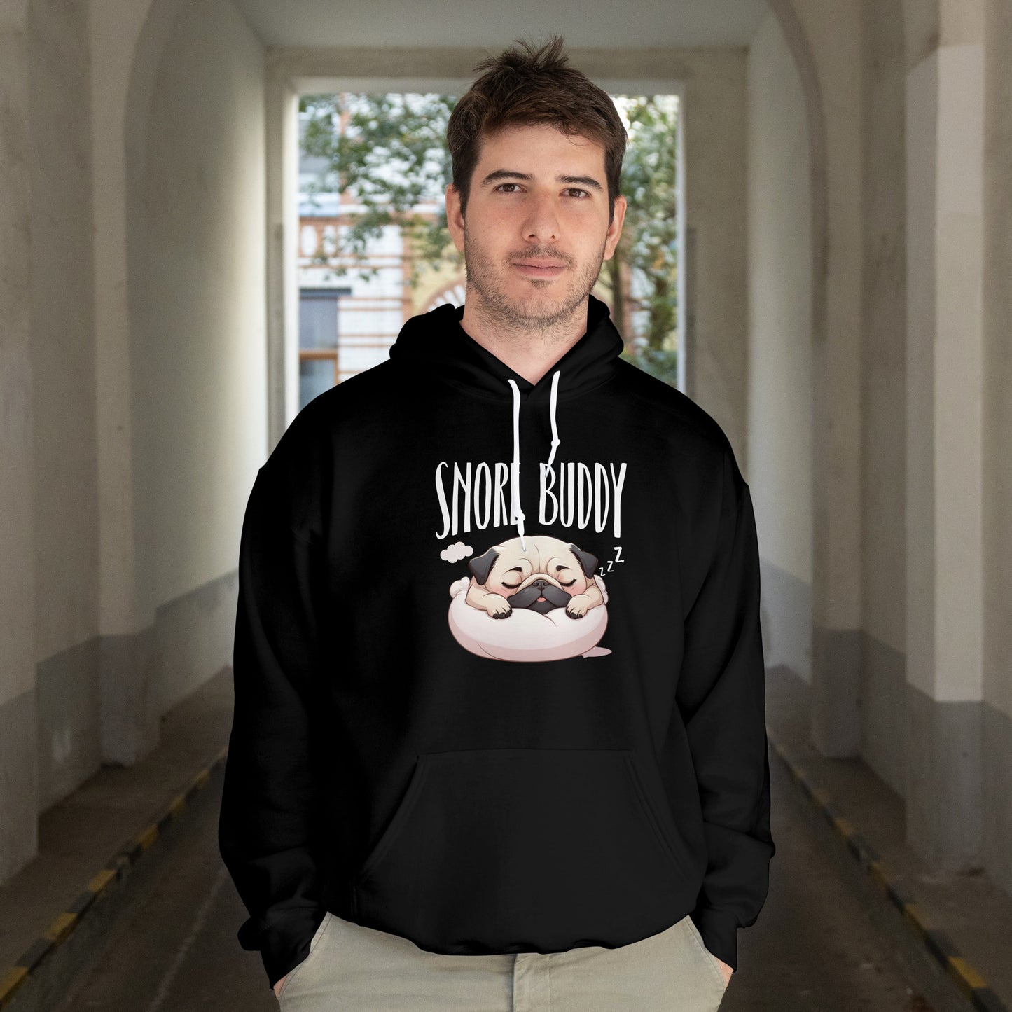 “Snore Buddy” Sleeping Pug Hoodie – Funny Dog Lover Gift, Cute Pet Parent Apparel, Cozy Pug Life Hoodie