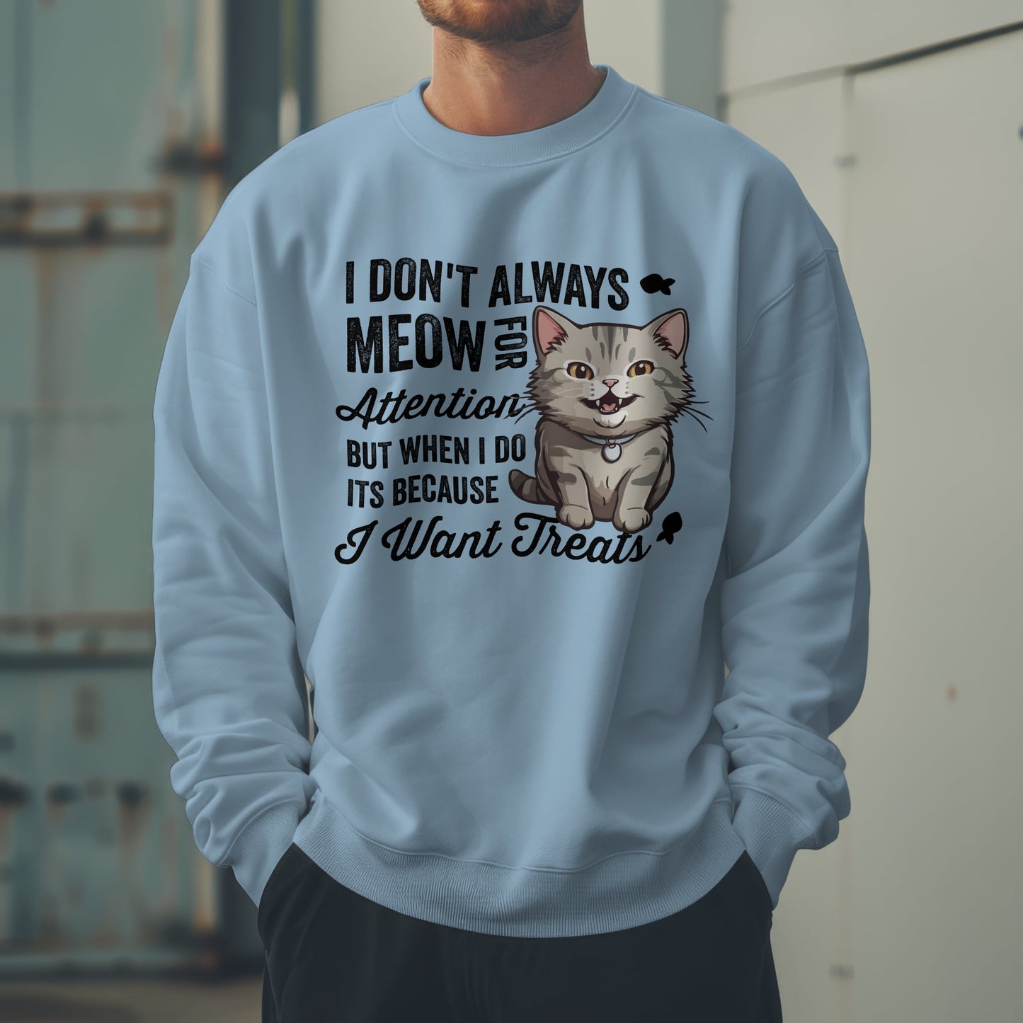 Funny Cat Sweatshirt – “I Don’t Always Meow for Attention” Treat Quote Pullover | Gift for Cat Moms & Dads