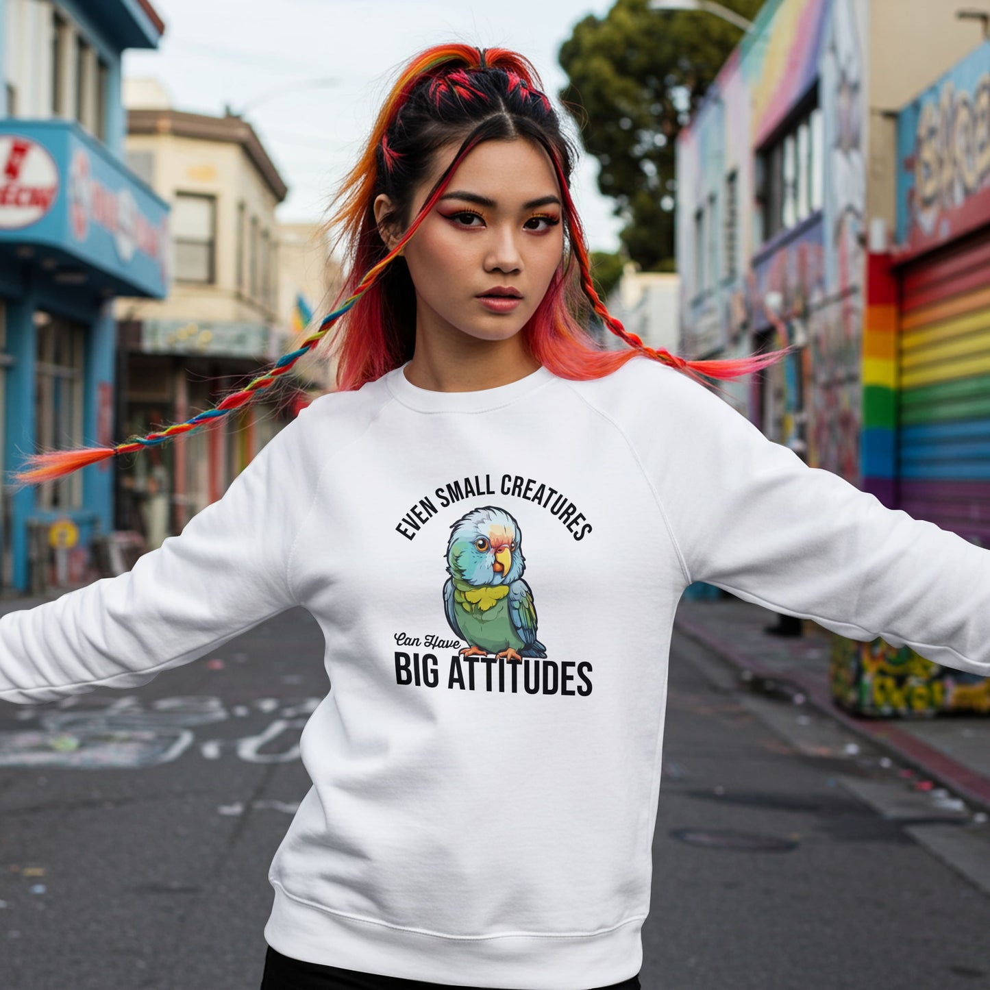 “Even Small Creatures Can Have Big Attitude” Parrot Sweatshirt – Sassy Bird Lover Gift, Bold Animal Graphic for Pet Owners