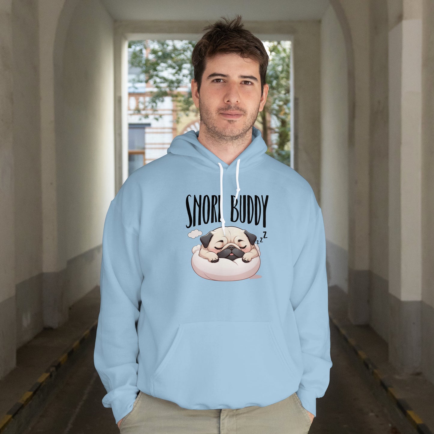 “Snore Buddy” Sleeping Pug Hoodie – Funny Dog Lover Gift, Cute Pet Parent Apparel, Cozy Pug Life Hoodie