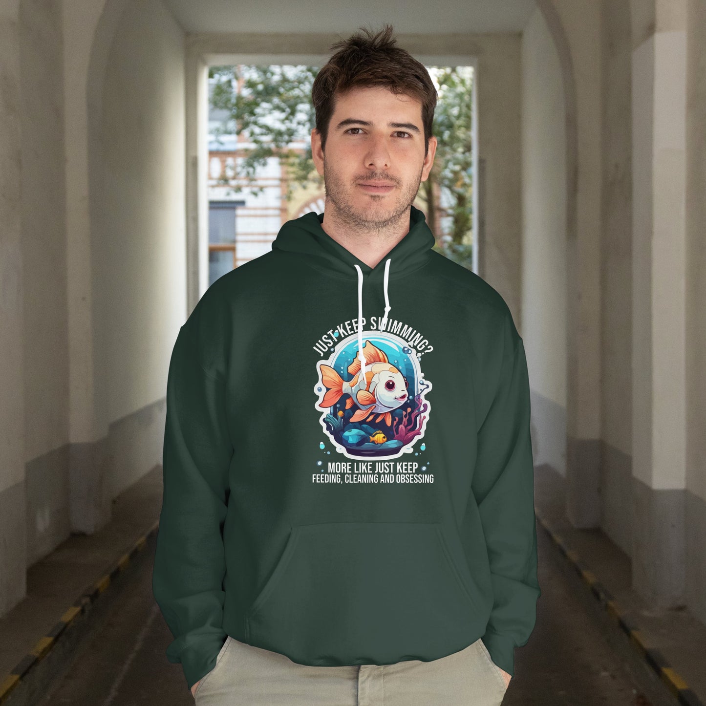 “Just Keep Feeding, Cleaning & Obsessing” Funny Pet Owner Hoodie – Parody Quote for Fish, Pet & Aquarium Lovers, Obsessive Animal Parent Gift