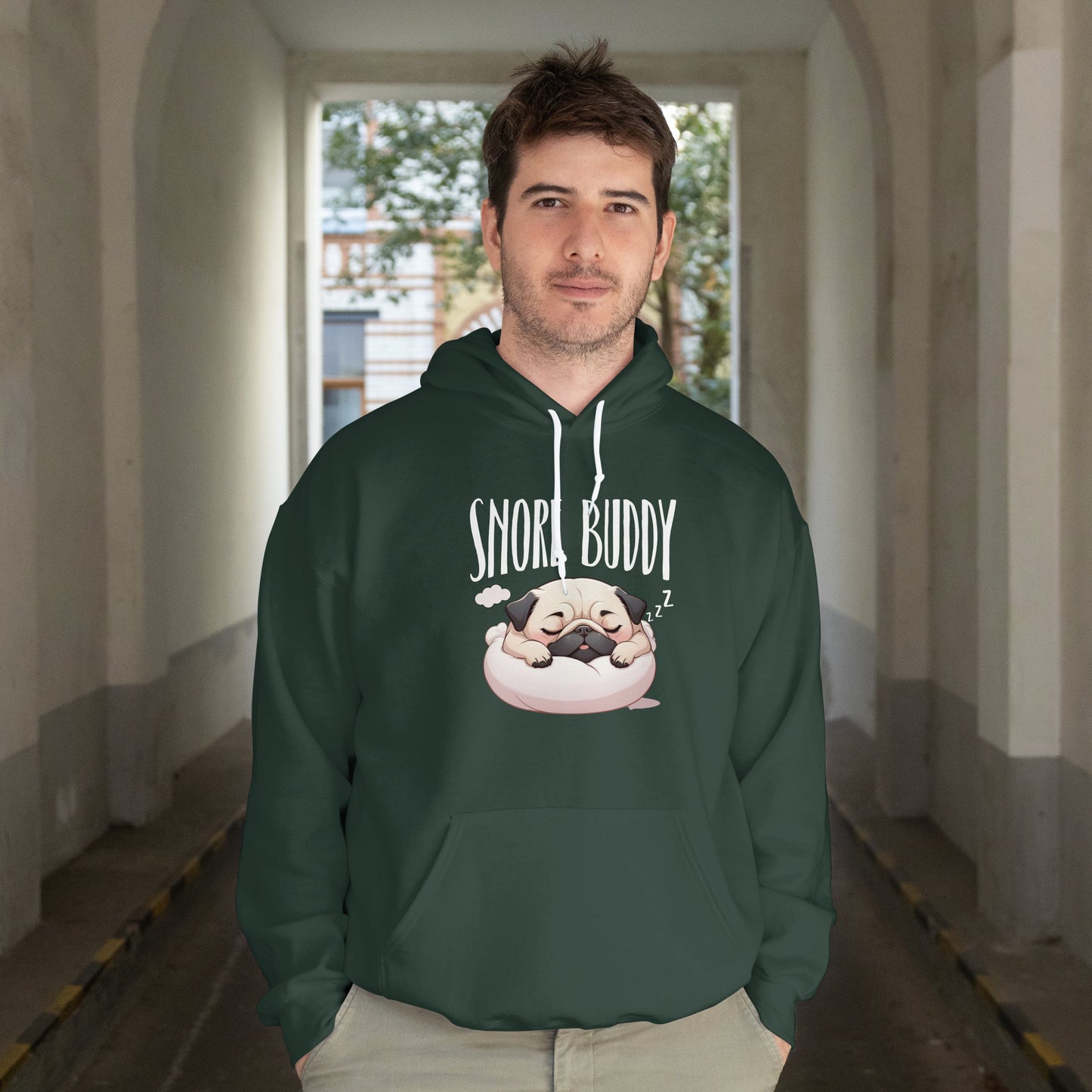 “Snore Buddy” Sleeping Pug Hoodie – Funny Dog Lover Gift, Cute Pet Parent Apparel, Cozy Pug Life Hoodie