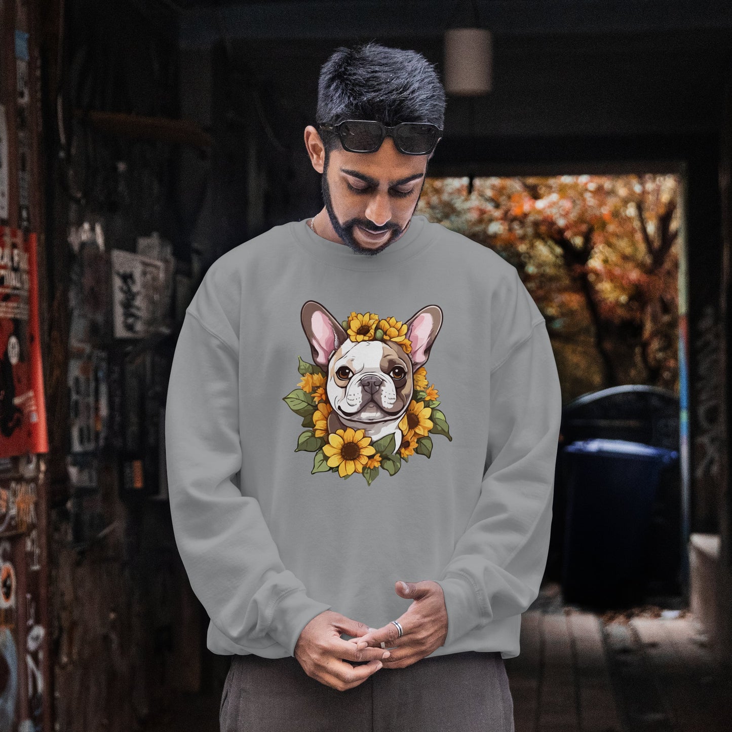 French Bulldog Sunflower Sweatshirt – Cute Bonjour Frenchie Crewneck for Dog Lovers, Cozy Floral Gift for Pet Moms & Dads