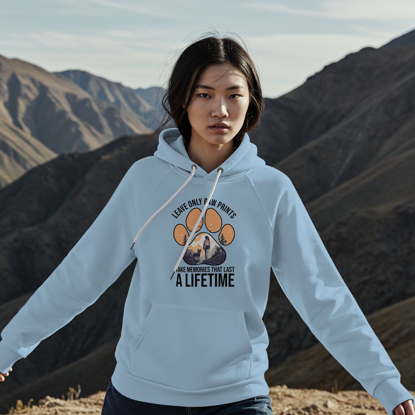 “Leave Only Paw Prints, Take Memories That Last a Lifetime” Hiking Dog Lover Hoodie – Cozy Unisex Nature Adventure Pullover for Outdoor Pet Parents