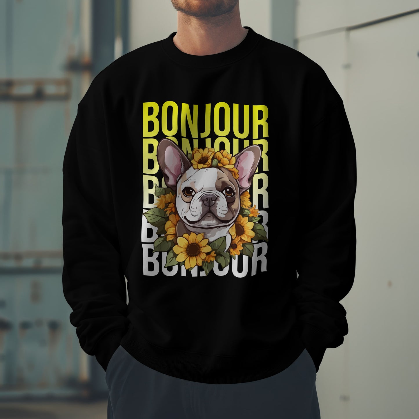 French Bulldog Sunflower Sweatshirt – Cute Bonjour Frenchie Pullover for Dog Lovers, Cozy Fall Gift for Her