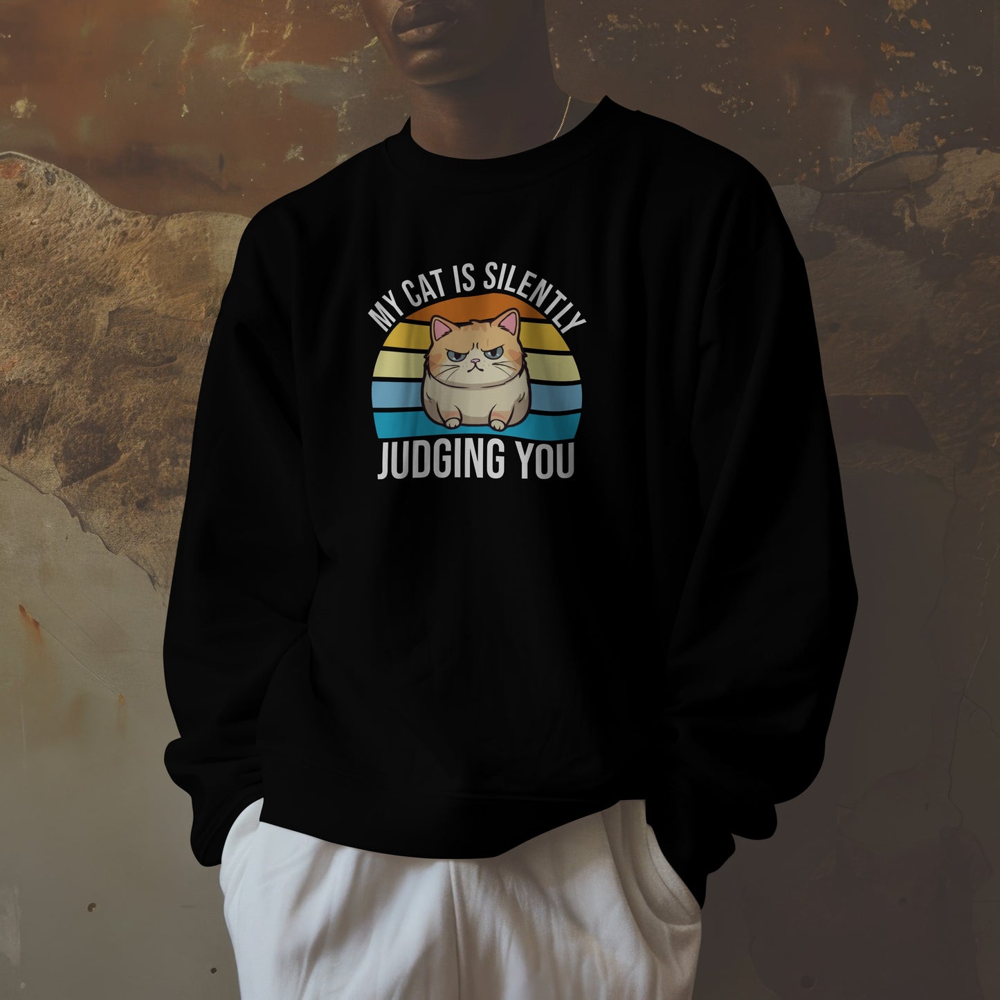 “My Cat Is Silently Judging You” Funny Cat Lover Sweatshirt – Snarky Unisex Pullover Gift for Pet Parents, Introverts & Feline Fans