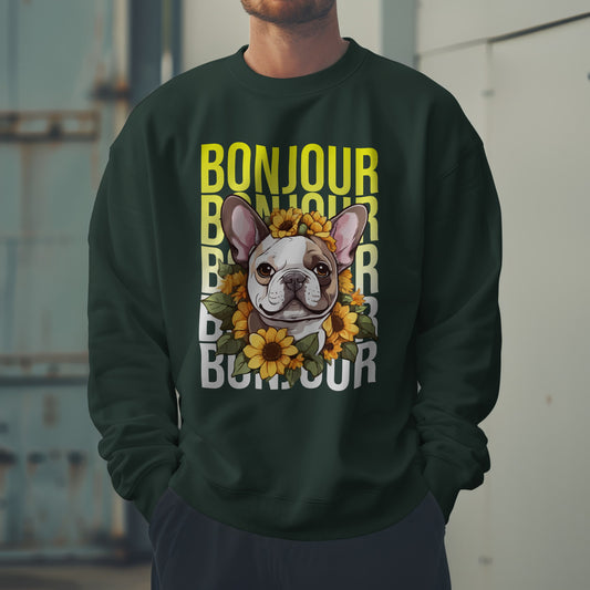 French Bulldog Sunflower Sweatshirt – Cute Bonjour Frenchie Pullover for Dog Lovers, Cozy Fall Gift for Her