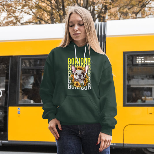 French Bulldog Sunflower Hoodie – Cute Bonjour Frenchie Pullover for Dog Lovers, Cozy Floral Gift for Her